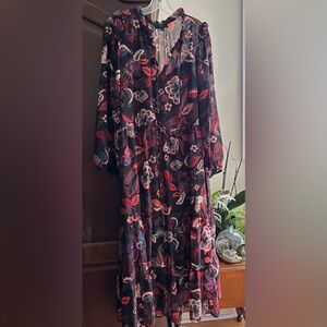 MAIA tiered RUFFLE long sleeve FLORAL maxi SIZE 14 black/orange/earth tone